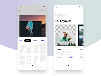 Layouts + Store cards clean drawer layouts mobile pills shop store template ui ux widget