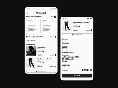 Checkout Process for a clothing brand app apple pay black and white checkout checkout flow checkout form checkout process clothing concept design iphone payment payment app payment processing shoping ui ui design ux