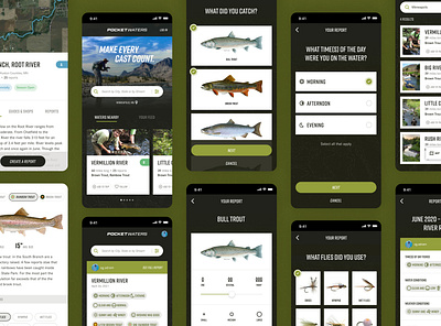 Pocket Waters Fly Fishing App app app design branding digital products fly fish fly fishing journaling trout ui ux