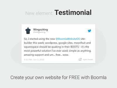 New testimonial element for the Boomla Website Builder's uikit landing page social proof testimonial twitter website builder