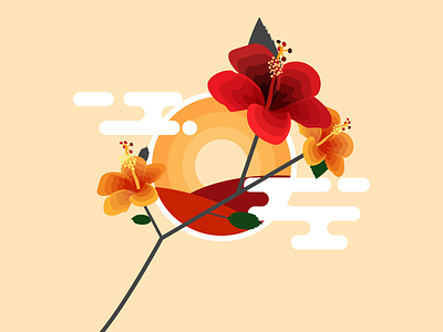 Hibiscus flowers clouds flat flower illustration sunset vector visualcookies