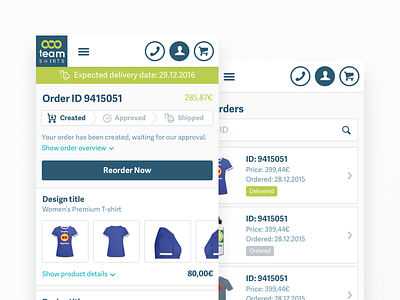 My Orders - Mobile basket checkout clean commerce mobile teamshirts ui