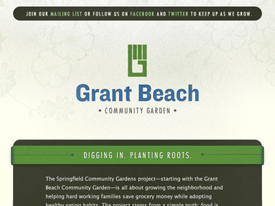 Digging In. Planting Roots. blue brush community futura garden grant beach green knockout logo mostly serious tagline texture website