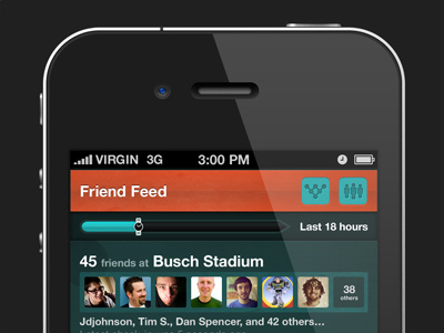 Find My Friends iPhone App UI app find my friends friends icon iphone location mostly serious orange teal timespan ui