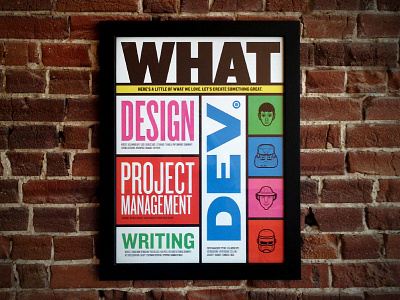 WHAT blue design frame green hanging illustration knockout mostly serious orange pink poster type wall yellow