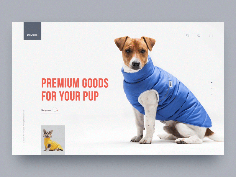 Home page concept for Daily UI animation challenge concept daily ui dailyui dailyui003 design dog wear dogs figma gif animated homepage k funky karen sardaryan kfunkydesign mokup ui woofwoof