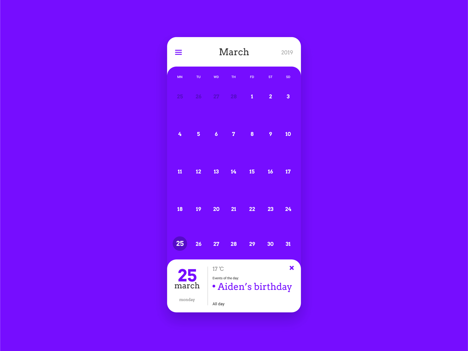 Samsung Calendar App in Purple Theme by Aiden J on Dribbble