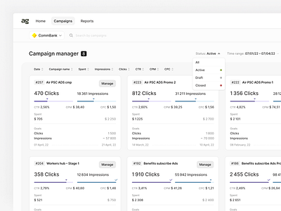 Campaign Manager – Cards View ads app campaign cards desktop dropdown filters interface light stats ux