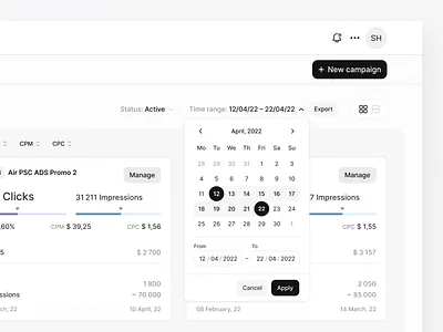 Campaign Manager – Date range picker app buttons cards date picker desktop dropdown filters interface light ux