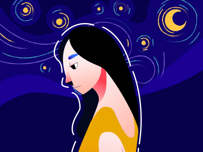 Starry night animation character design flat human lady man minimalistic person simple vector