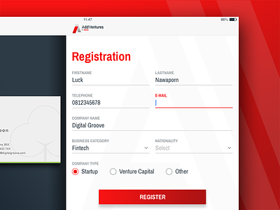 AddVentures – Register Form application form input ipad ui ux