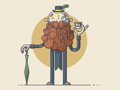 A Very Fancy (Bearded) Gentleman beard elbow patches fancy feather gentleman hat illustration line art monacle mustache umbrella whisky