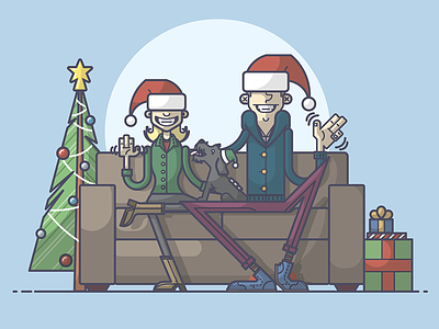 Merry Everything, Happy Always! card christmas family hat holiday illustration line art presents puppy santa schnauzer tree