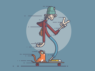 Long Board Cruisin' cat cruising dude illustration line art peace skateboard skateboarder skater