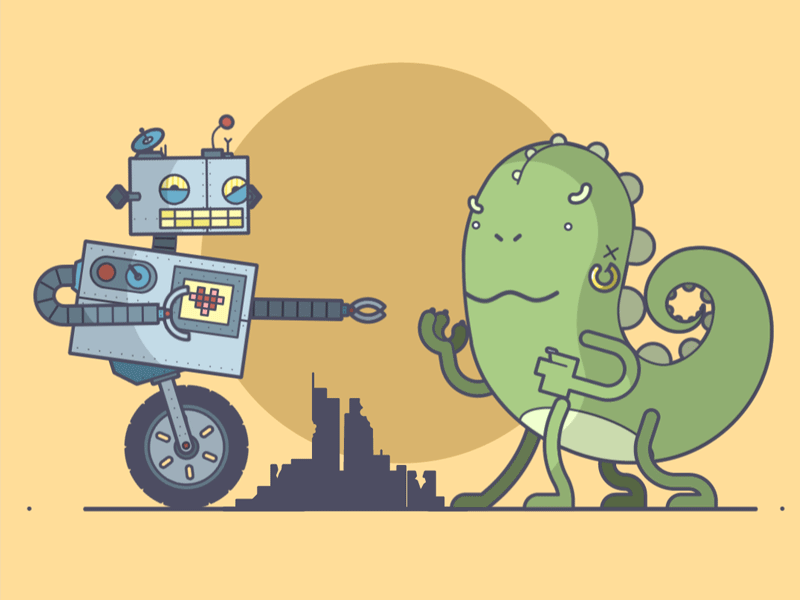 Monster VS. Robot – Battle Royale! battle city dinosaur fight heart illustration line art monster pinch roar robot wheel