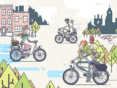 Biking, biking everywhere! bicycle bike city couple cruising cycle dogs fall happy illustration line art skyline