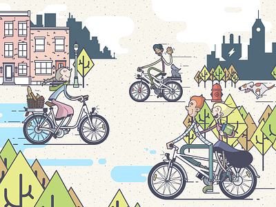 Biking, biking everywhere! bicycle bike city couple cruising cycle dogs fall happy illustration line art skyline