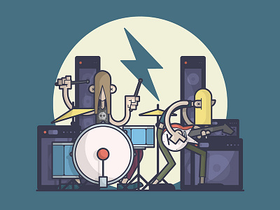 Shredding! band drums electric guitar illustration lightning line art loud metal music rock