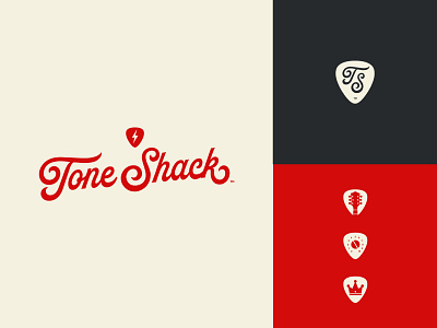 Tone Shack brand branding clean design flat graphic design guitar identity logo minimal music plectrum red retro type vintage