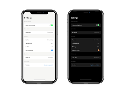 "Smart Cup App" settings page on iOS ios ios app design settings settings page settings ui