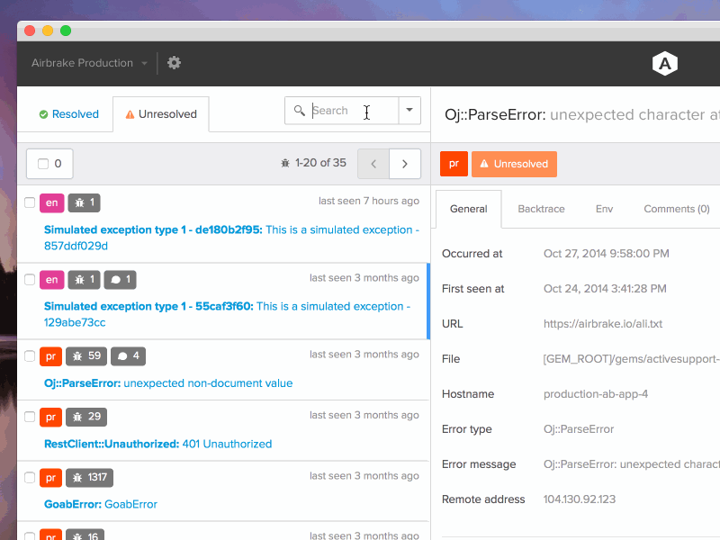 Search through your exceptions airbrake bugs button display labels list scroll search ui ux