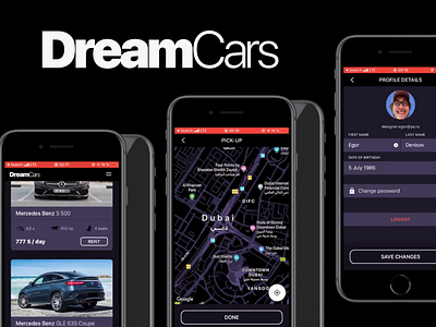 Dreamcars App — catalog cars, map styling, profile screens animation app automobile branding car design downtown dubai icon ios map mapbox mapping mercedes benz mobile product design rent rental app typography ui