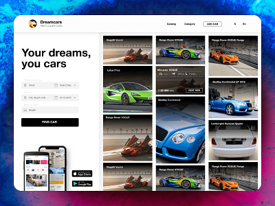 Dreamcars App title product with catalog&search 2018 2019 app app design catalog design design luxury minimal product design rental app search simple super typography ui uiux