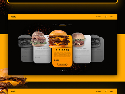Burger Cafe Website Design burger cafe craft dark theme design figma figmadesign food food app interface landing modern shopping cart ux ux ui uxui web webdesign website yellow