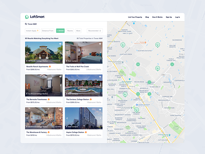 LoftSmart - Search Page apply now card detail detail page google maps location loftsmart map market place marketing material design product card properties property page rating search searcher ui design units university