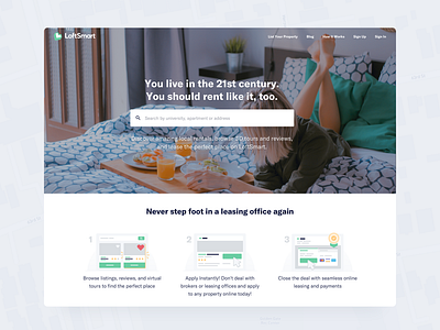 LoftSmart - Home apartments campus college home home page design homepage housing loftsmart market place marketing material design search searcher students ui design units university z1 digital studio