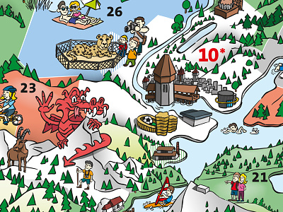 Illustrated Map cartoon comic cow dragon hiking illustration lake mountain sightseeing swiss tourism travel