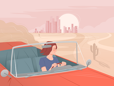Red car in the desert. cactus car cyti desert freedom girl illustration loneliness sand vector