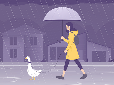Pet Goose art city fall girl illustration night pet rain umbrella vector