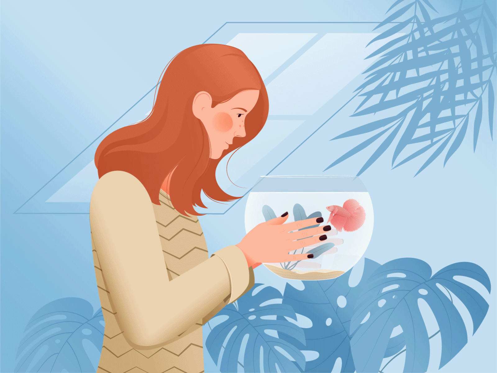Girl with an aquarium. animated gif aquarium art fish illustration pet plant vector