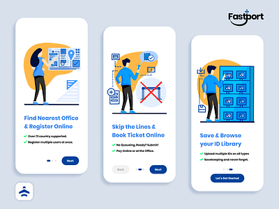 Fastport Welcome Onboarding airplane airport app border collection flatdesign icon design identification infographic international logo design mobile onboarding passport registration screens ticket travel user interface design welcome