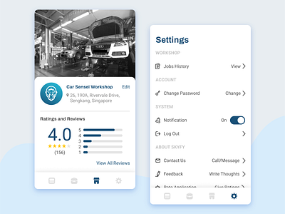Car Sensei for Workshop 2 appdesign car icons layoutdesign mobiledesign moderndesign profile page ratings reviews service settings uidesign uiux userinterface workshop