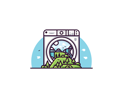 Washer & Nature 2d art creative design flat graphic design idea illustration landscape material minimal mountains nature outline procreate rebound trees vector washer waterfall