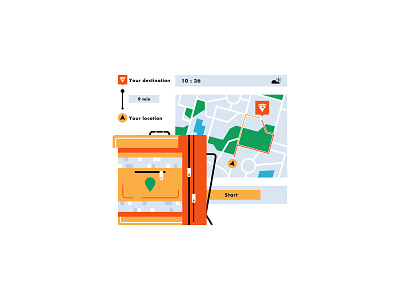 Courier work app backpack courier delivery destination example flat green illustration job location map minimal navigation orange pizza shop yellow