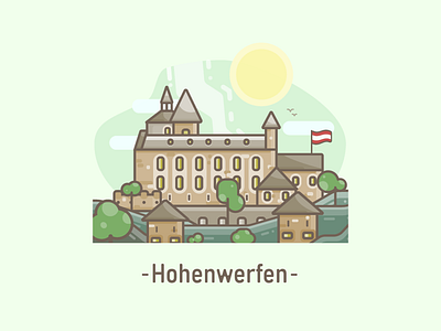 Castle Hohenwerfen austria castle flag hohenwerfen illustration light material minimal sun towers trees
