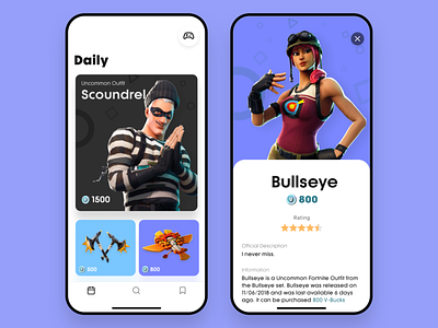 Game Daily Items app figma fortnite game gaming interaction interface design ios items mobile prototype sketch skin transition ui ux video videogame