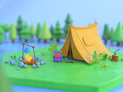 Hello Dribbble! 3d 3d animation 3d art 3d modeling camping cinema4d cute debut design first shot graphic design hiking illustration mountains octane tent