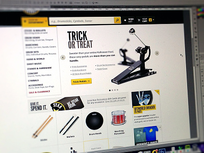 Home – WIP black drums ecommerce home homepage menu navigation rotator shop ui yellow
