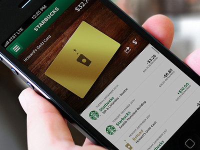 Starbucks Reloaded – Card app card coffee green ios iphone receipt starbucks ui wood