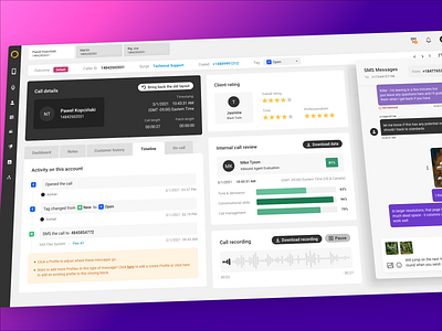 UX & UI User Panel Redesign admin audio call center chat flat history interface messages panle player rating review saas stars tabs timeline ui user ux
