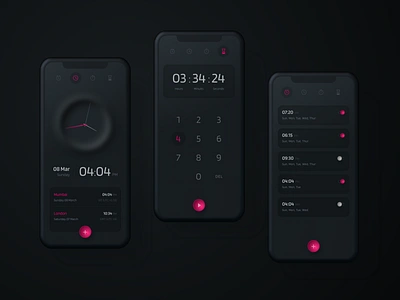 Smart Alarm Clock alarm app appdesign black clock dark dark theme dark ui design interface ios iphone mobile neomorphism neumorphism product sktech smart app ui uidesign