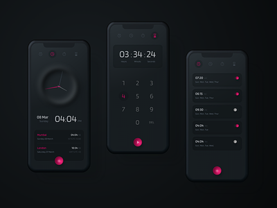 Smart Alarm Clock alarm app appdesign black clock dark dark theme dark ui design interface ios iphone mobile neomorphism neumorphism product sktech smart app ui uidesign