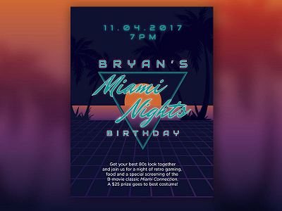 Birthday Invite 80s bright gradients miami neon palm trees