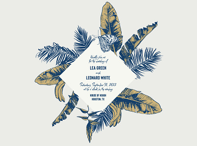 Tropical wedding card template banana brush butterfly design graphic illustration ink invitation love palm tropical tropical leaves typography vector wedding