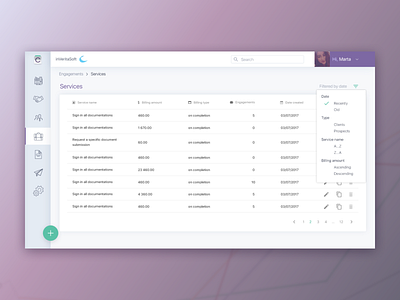 Table from service for accountants dashboad data grid filter grid interface layout sorting table ui ux web