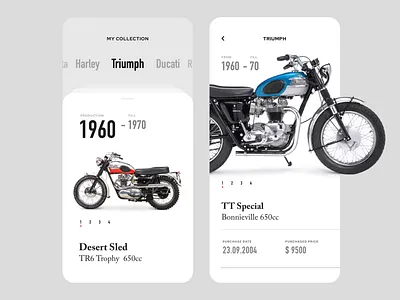 My Collection - Mobile App adobe xd app basic classic dubai ducati faizan saeed figma harley davidson interface minimal mobile ui motorcycles my collection simple sketch triumph ui design ux vintage